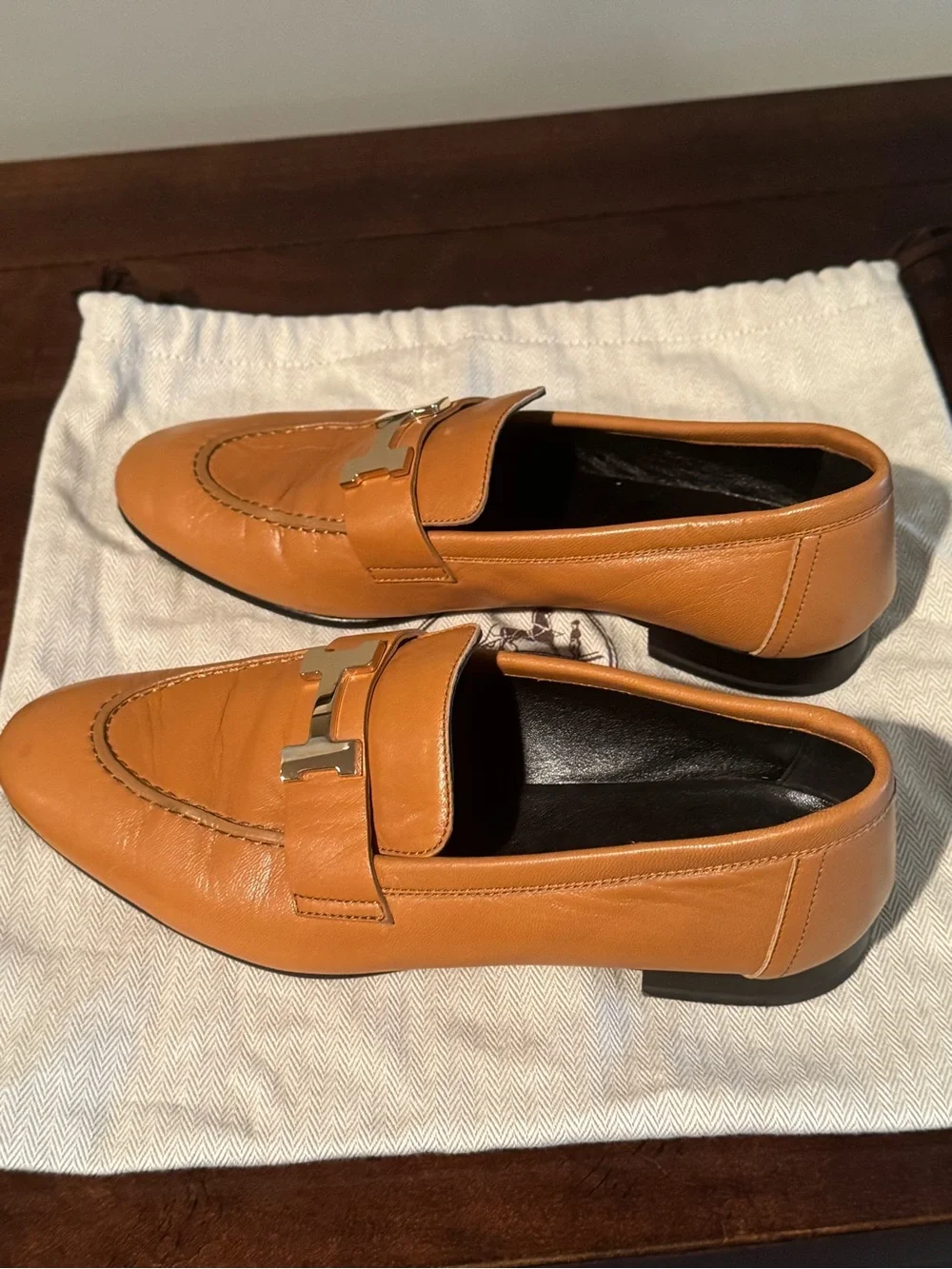 Authentic Hermes Paris Loafers Gold Tan Leather H Buckle Flats Size EU 36.5 US 6